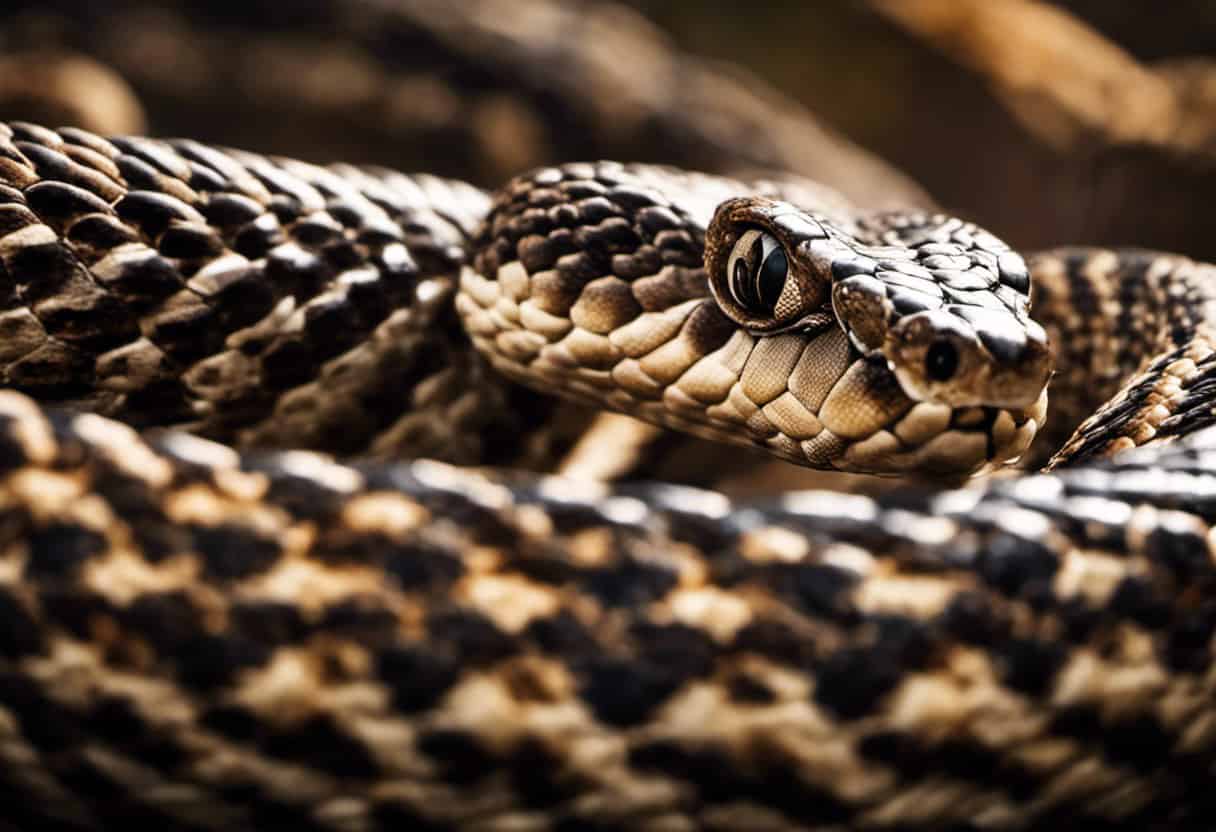 An image depicting a rattlesnake coiled around a smaller snake, its fangs sinking into its prey
