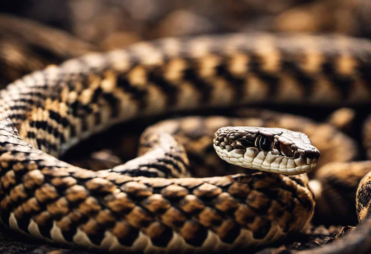 An image showcasing a rattlesnake coiled around a partially consumed snake, surrounded by a diverse array of snake species