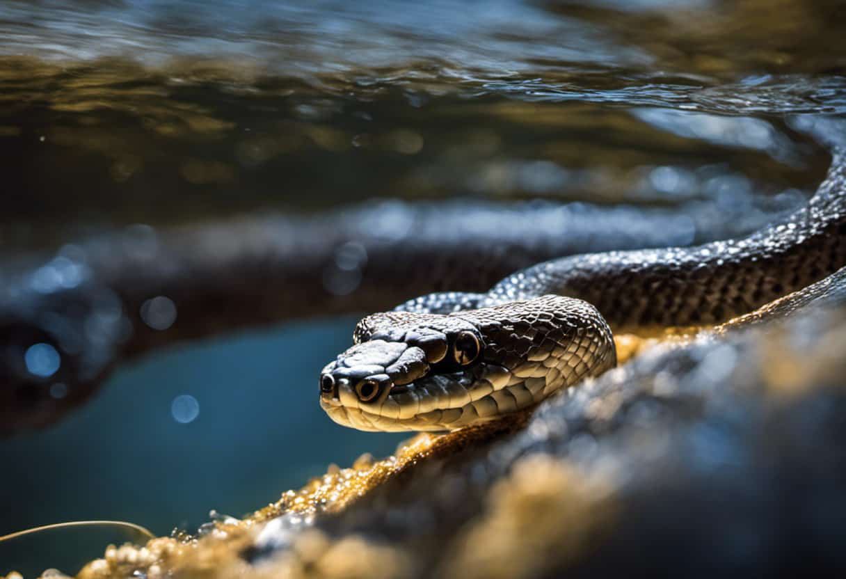 An image capturing the intense moment as a slithering rattlesnake gracefully glides through crystal-clear water, its diamond-shaped head poised above the surface, showcasing its remarkable ability to navigate water crossings