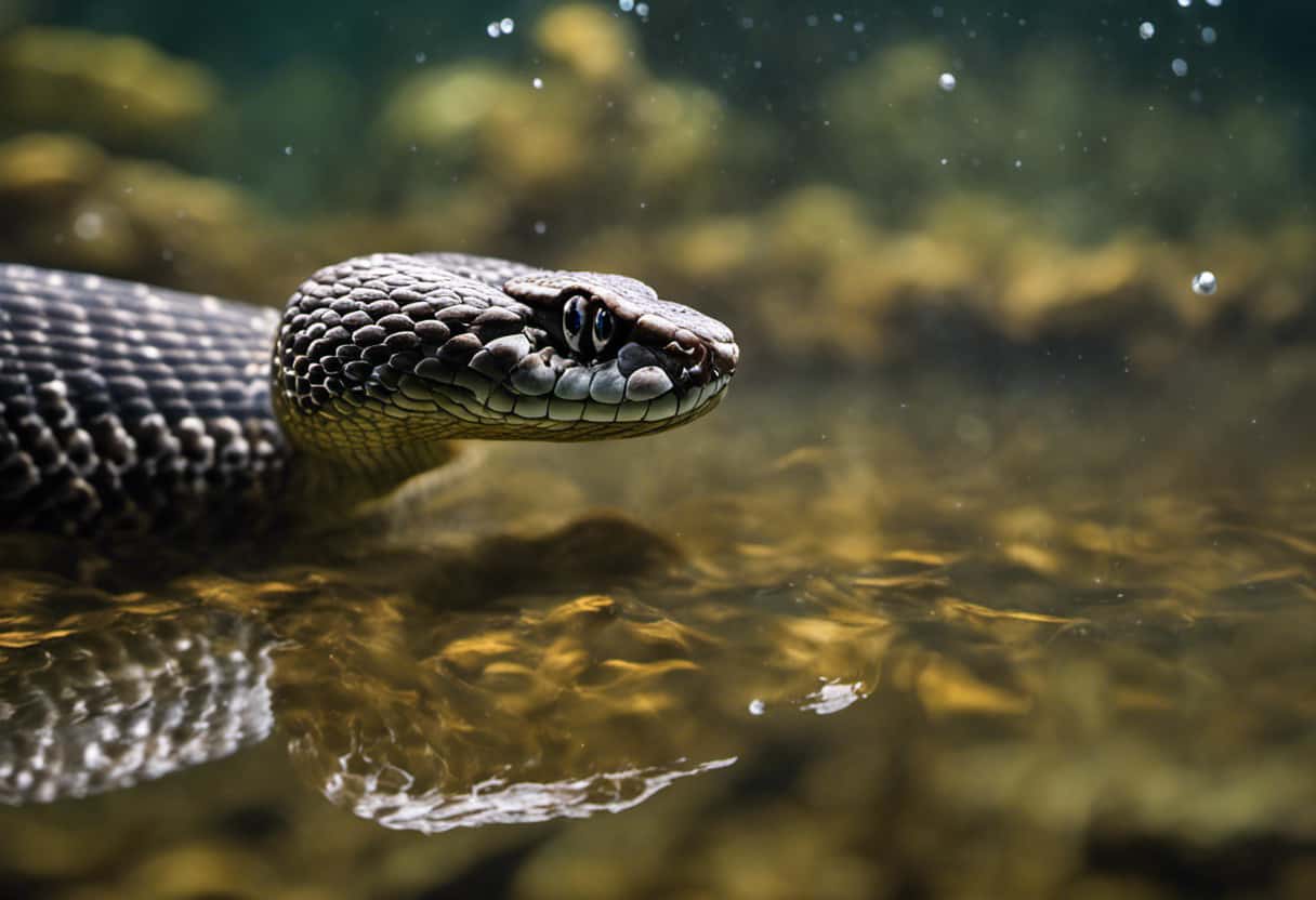 An image capturing the intense moment of a sleek, venomous rattlesnake gracefully gliding through crystal-clear water, showcasing its incredible aquatic adaptations for survival and dominance in its watery habitat