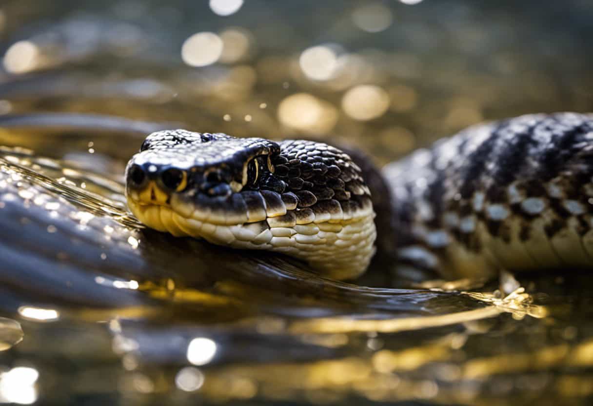 An image capturing the intense moment of a rattlesnake stealthily slithering through shimmering, waist-deep water towards a frightened fish, showcasing the intricate connection between these serpents and their aquatic prey