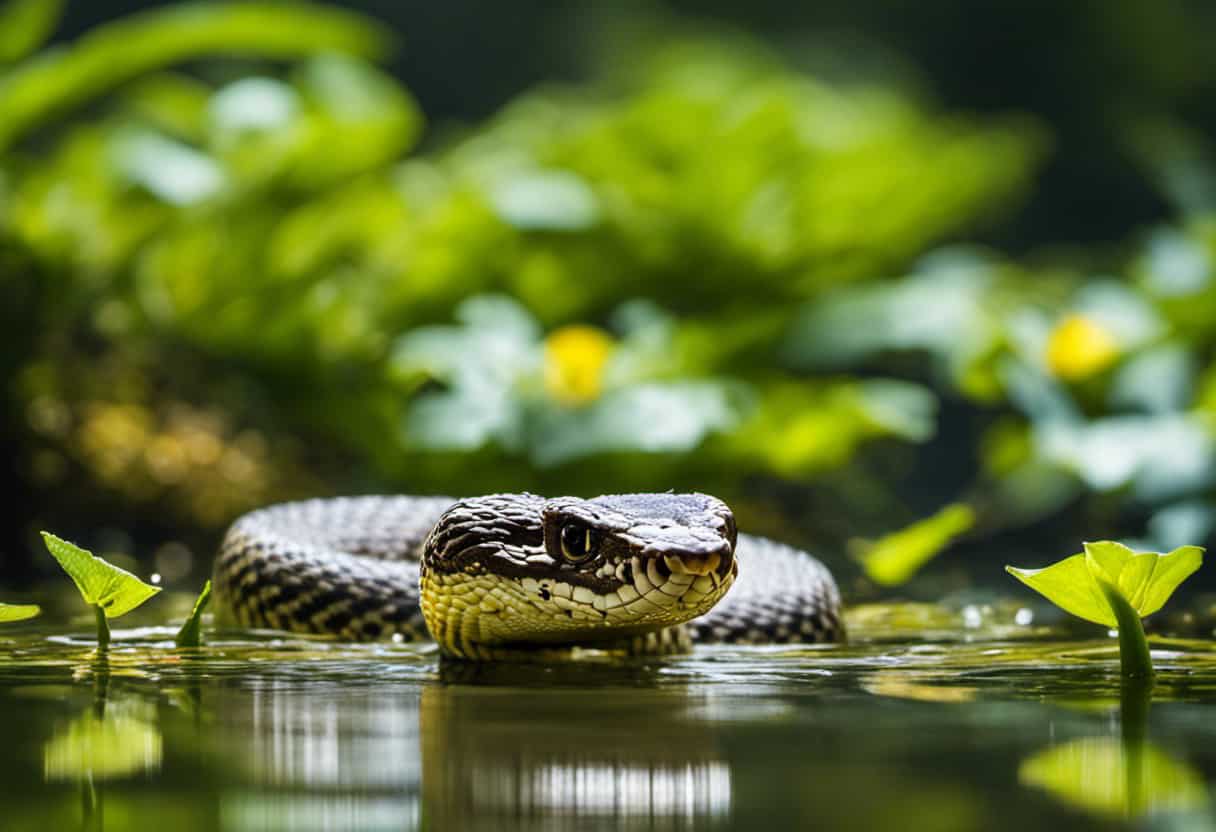 An image capturing a vibrant rattlesnake gracefully gliding through crystal-clear water, surrounded by lush aquatic vegetation