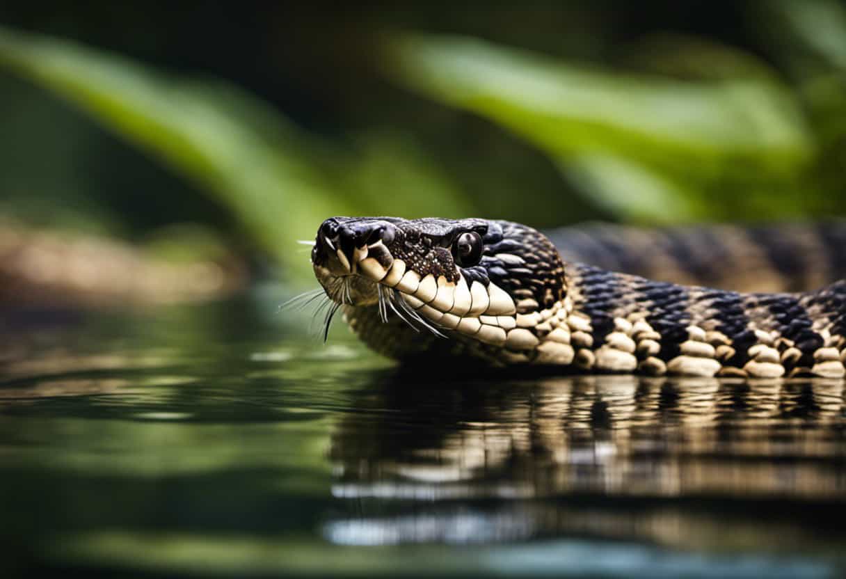 An image capturing the thrilling moment of a rattlesnake gracefully gliding through crystal-clear water, its coiled body elegantly undulating, as it navigates its way through a serene pond surrounded by lush vegetation