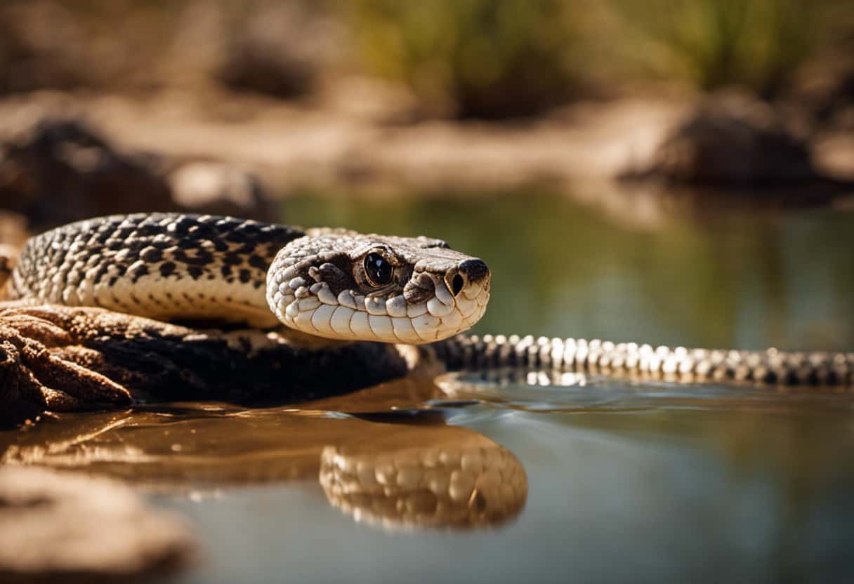 An image showcasing a sun-drenched desert landscape with a crystal-clear oasis, where a solitary rattlesnake gracefully glides through the shimmering water, highlighting how rattlesnakes regulate body temperature in aquatic environments