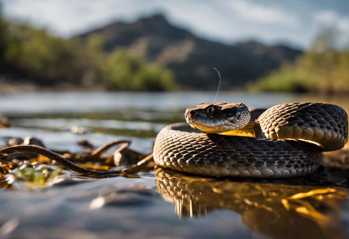 An image showcasing the stealth and agility of rattlesnakes as aquatic predators