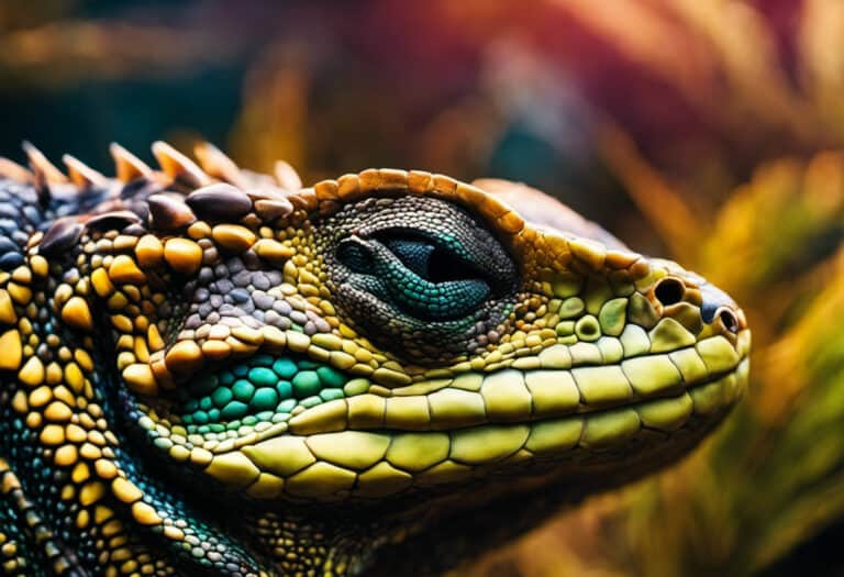 An image showcasing the intricate anatomy of reptiles' auditory system, with a close-up view of their scaly skin, a reptile's head turned sideways, revealing the external ear opening, and vibrant colors highlighting the surrounding environment