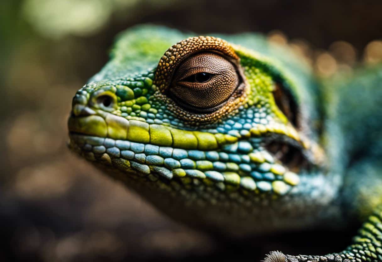 An image that showcases a close-up of a lizard's head, capturing its intricate scaly skin, with a focus on the area behind its eyes where external ear openings would be if present