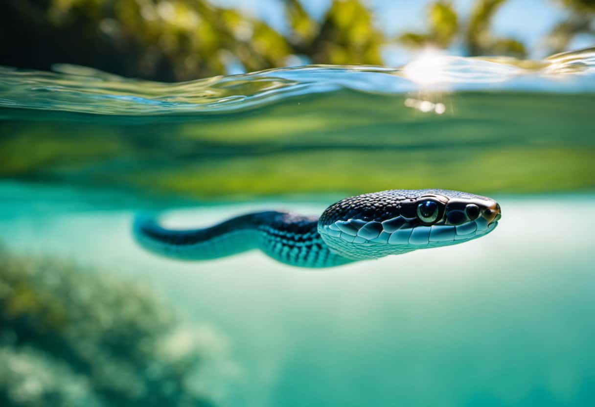 An image showcasing a sleek, water-dwelling snake gliding effortlessly through crystal-clear blue waters