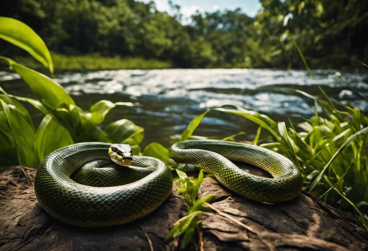 An image showcasing a serene riverbank with lush vegetation, a vibrant snake coiled nearby, poised to strike