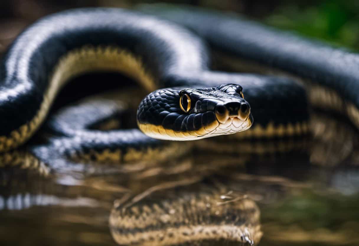 An image capturing the intense gaze of a water snake as it hovers just beneath the surface, showcasing its fangs and poised to strike, perfectly illustrating the intriguing behavior of these mesmerizing creatures