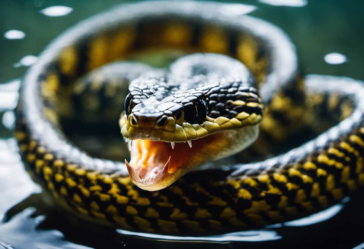 An image capturing a close-up of a venomous snake submerged in crystal-clear water, with its fangs exposed and poised to strike