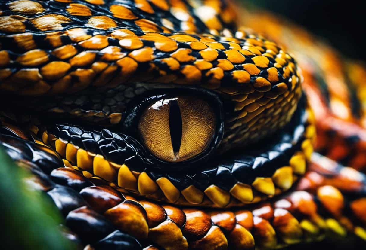 An image showcasing a mesmerizing close-up of a snake's eye, emphasizing its lack of eyelids