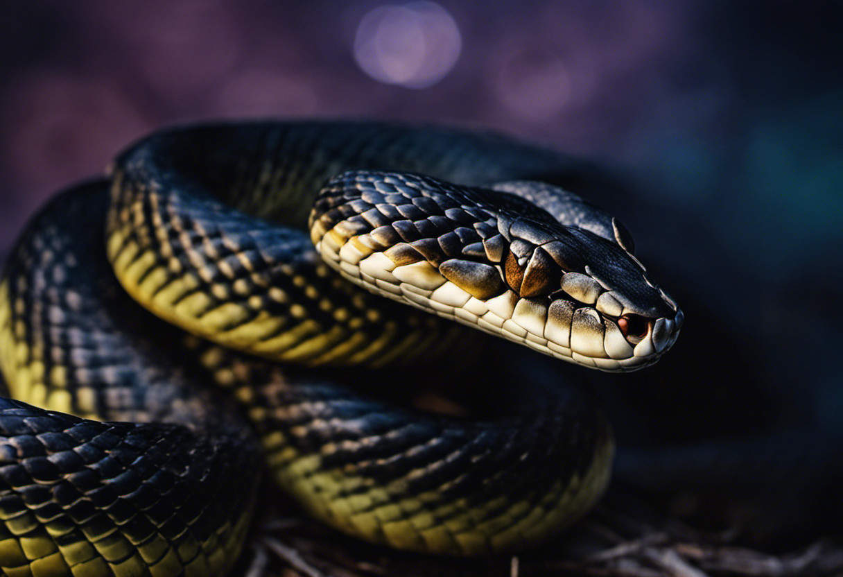 An image depicting a mesmerizing scene of an eyelid-less snake coiled up peacefully, its scales glistening under a moonlit sky, while its eyes remain wide open, revealing the unique sleeping patterns of these remarkable creatures
