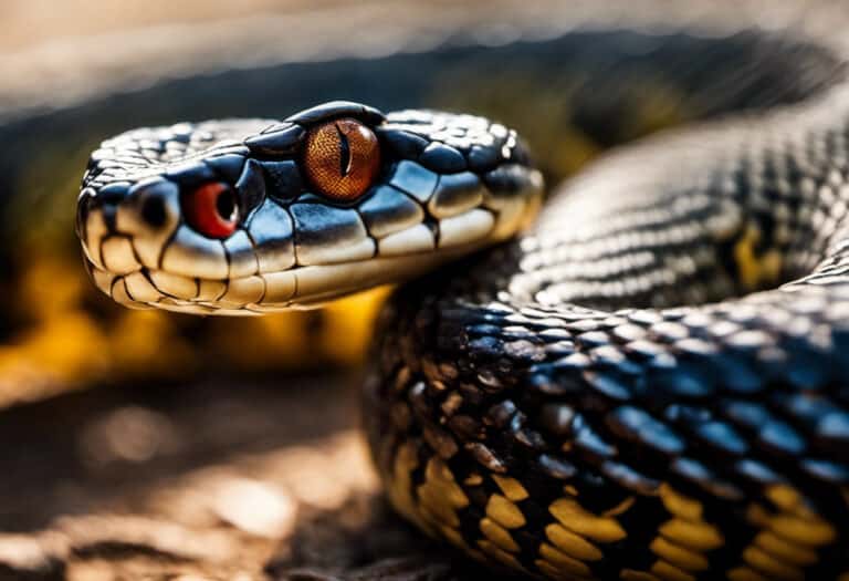 An image capturing the mesmerizing moment when a sleek snake, with its scales glistening under the sunlight, gracefully closes its transparent eyelid, revealing its intricate pattern and captivating gaze