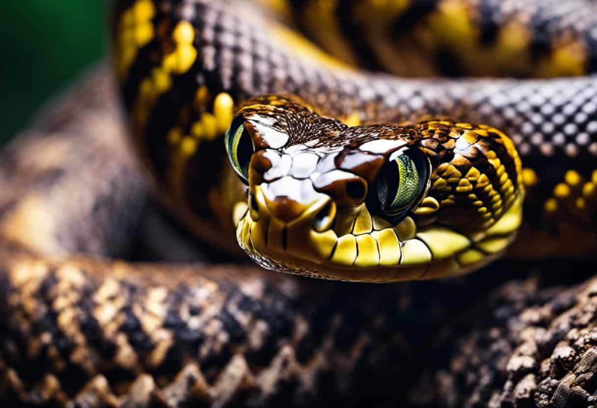 An image showing a close-up view of a snake's mesmerizing eye, fully exposed with no signs of blinking, highlighting the intriguing fact that snakes lack eyelids