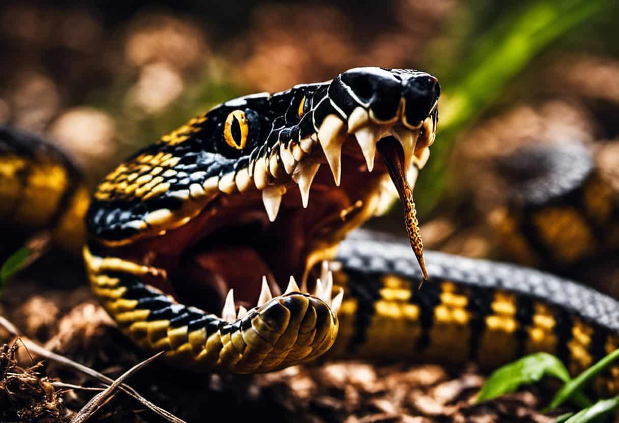 An image capturing the intense moment of a venomous snake's jaw unhinging, showcasing its specialized fangs injecting venom into prey, while the surrounding digestive enzymes begin breaking down the meal
