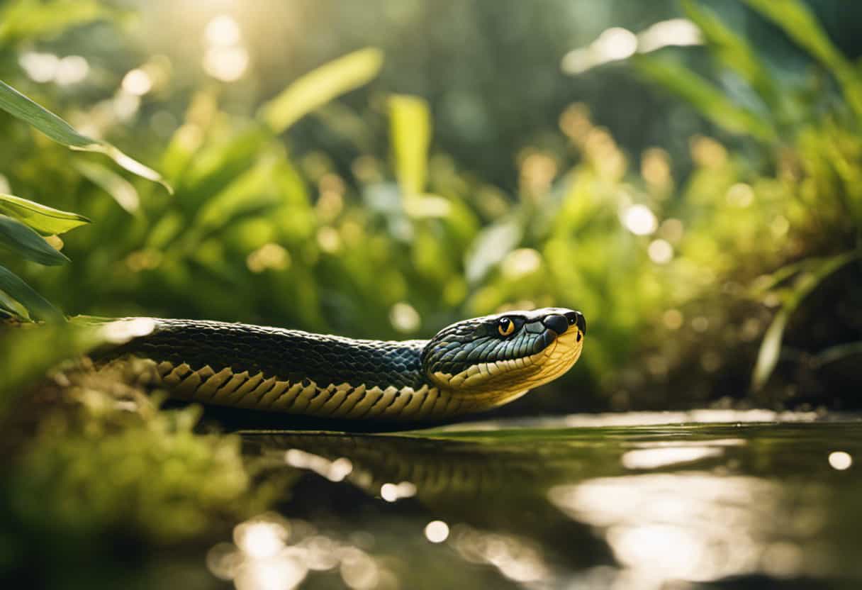 An image featuring a serene riverbank surrounded by lush vegetation, with a snake slithering towards a sandy nesting area