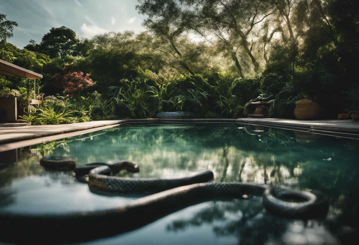 An image depicting a serene backyard pool, surrounded by lush foliage