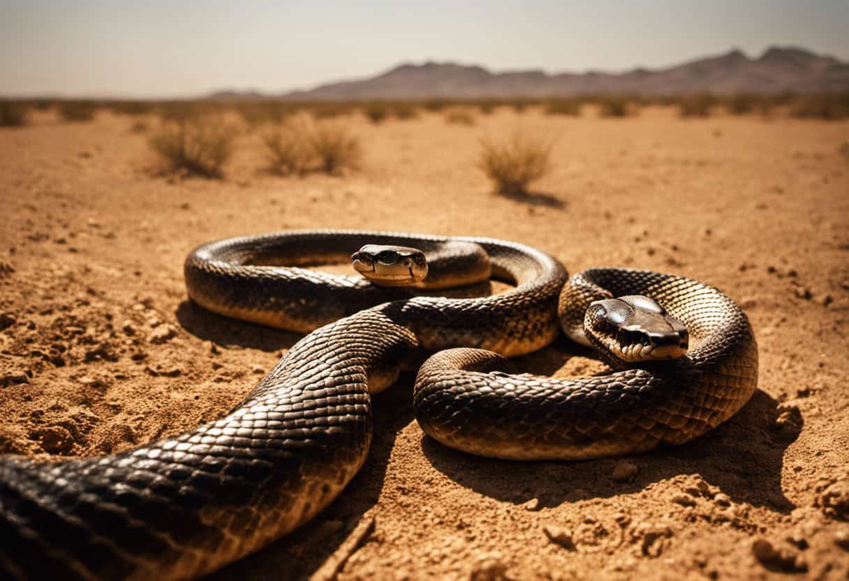 An image that captures the essence of the global impact of hot weather on snakebite cases, depicting a snake slithering through a parched desert under a scorching sun, highlighting the dangerous consequences of rising temperatures