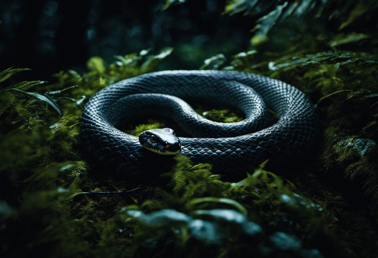 An image capturing the eerie nocturnal atmosphere of a moonlit forest, with a coiled snake subtly camouflaged amidst the foliage
