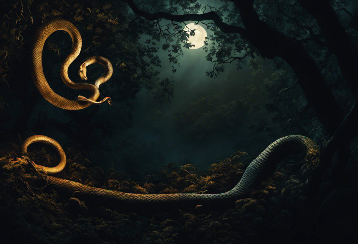 An image showcasing a moonlit forest scene with a silhouette of a snake coiled around a branch
