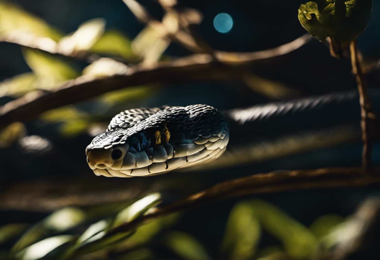 An image featuring a close-up of a coiled snake on a moonlit branch, its forked tongue flickering as it vibrates its tail, showcasing the intricate details of its scales and the subtle movements signaling nocturnal communication