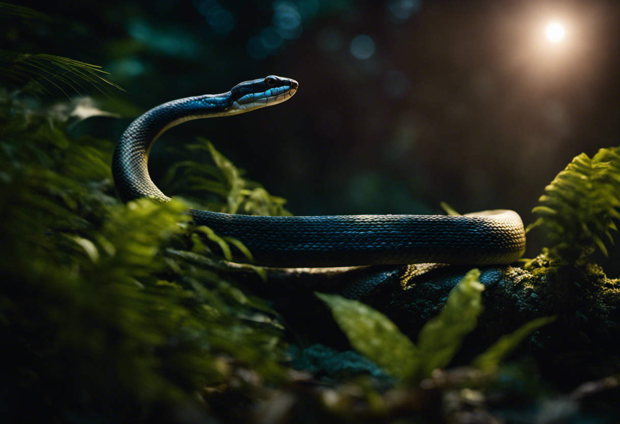 An image showcasing the intricate balance of nature at night: a moonlit forest scene with a snake gracefully slithering through the undergrowth, highlighting the vital role snakes play in maintaining the ecosystem's harmony