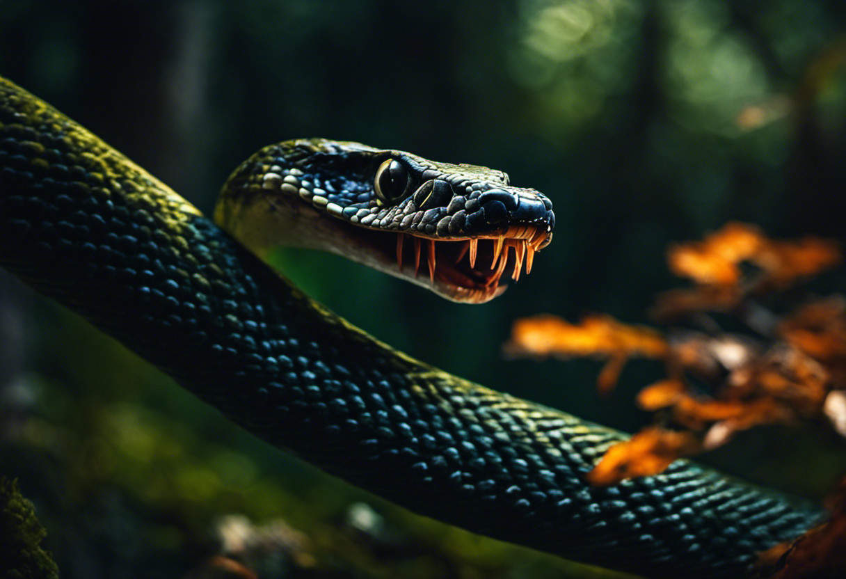 An image depicting a moonlit forest in which a snake coils around a branch, its mouth open wide, producing a vibrantly colored hissing sound