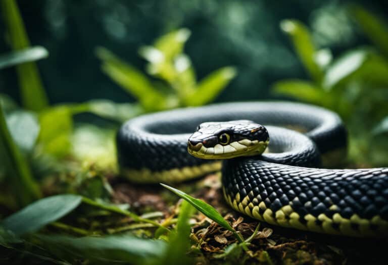 An image capturing a mesmerizing moment in nature, as a sleek snake's piercing eyes lock onto its unsuspecting prey, its coiled body poised for a swift strike, amidst a backdrop of lush vegetation