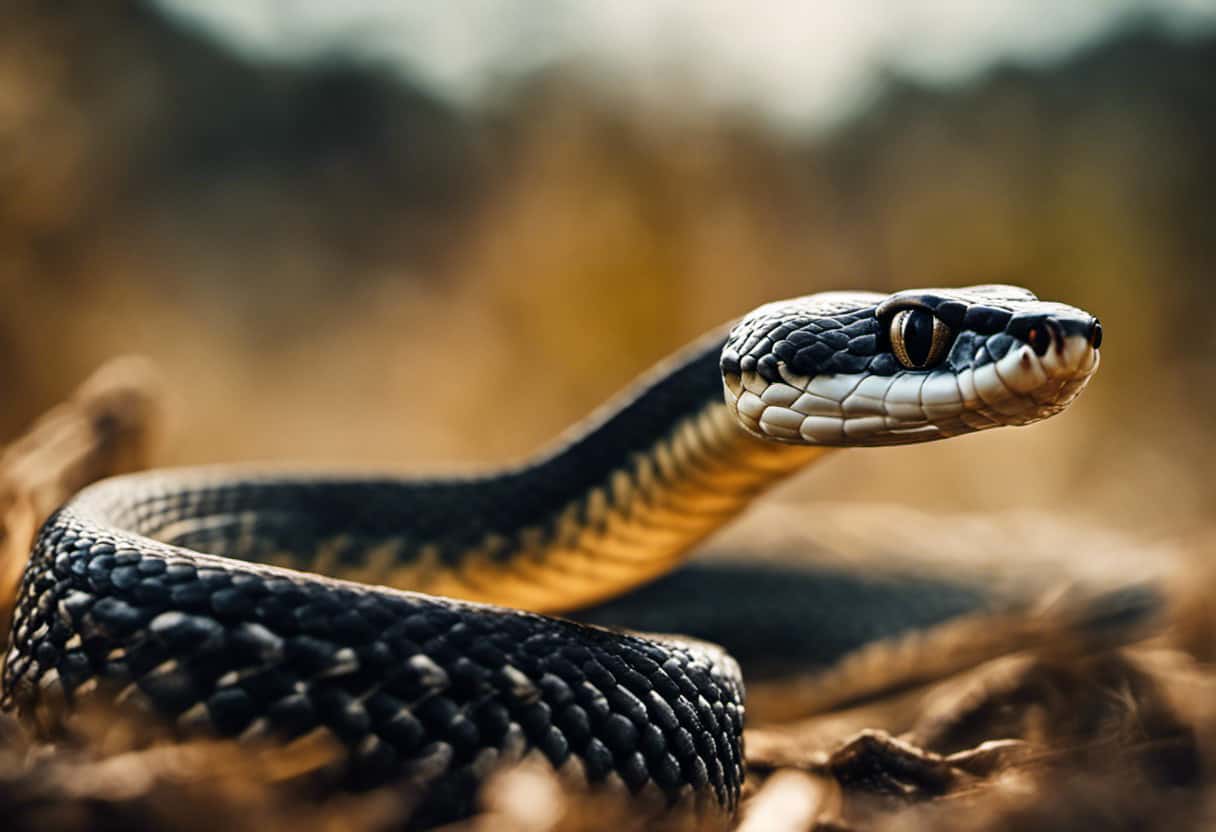 An image capturing a striking moment in the hunting behavior of snakes: a mesmerizing close-up of a coiled serpent, its forked tongue tasting the air, vividly showcasing the intense anticipation as it sizes up its unsuspecting prey