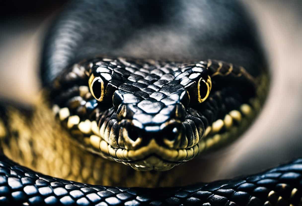 An image capturing a snake's mesmerizing gaze fixated on a potential meal, showcasing the intricate patterns on its scales, the intense focus in its eyes, and the coiled anticipation in its body language