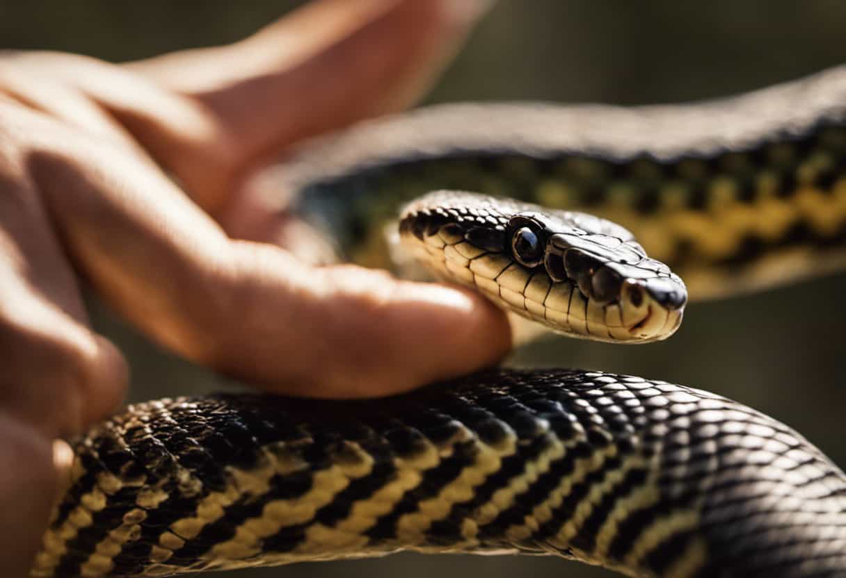 An image capturing the moment when a snake, with its unmistakable triangular head, curiously inspects a human's hand, challenging the myth of snakes sizing up humans