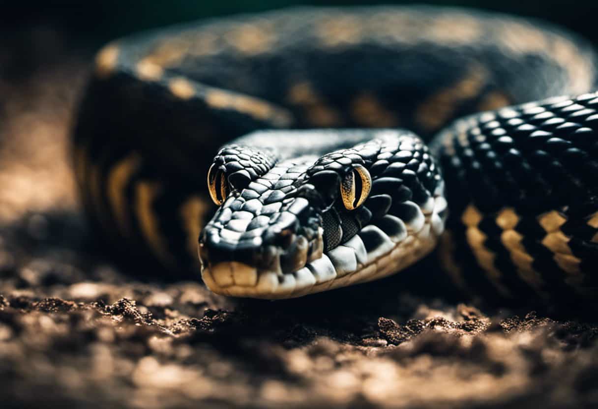 An image capturing a snake's intense gaze, its triangular head slightly raised, showing off its prominent venomous fangs, while its body coils tightly around a prey, revealing the intricate patterns and textures of both snake and victim