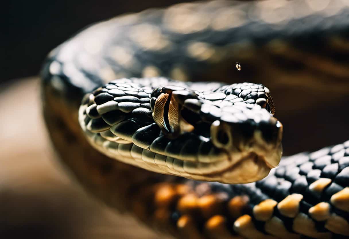 An image depicting a close-up of a snake's forked tongue flicking through the air, capturing the moment as it delicately collects scent particles, showcasing the fascinating relationship between snakes and their unique olfactory system