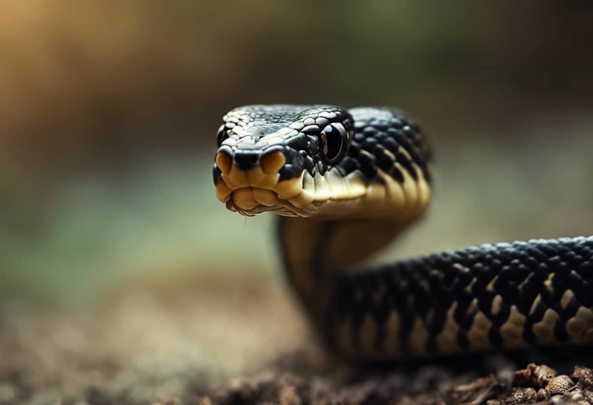 An image depicting a close-up of a snake's forked tongue gracefully flicking the air, capturing the moment when tiny scent molecules become entwined with its sensory organ, revealing the snake's incredible adaptation to rely on smell