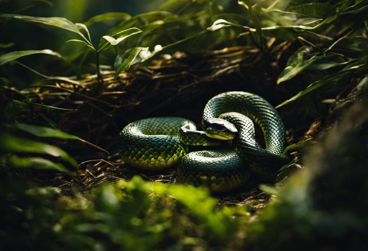 An image showcasing a serene scene of a protective snake coiled around her clutch of eggs, basking under a warm sunbeam filtering through a dense thicket of lush green foliage