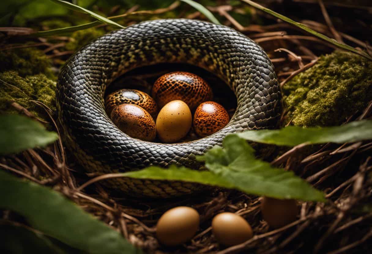 An image showcasing a female snake, coiled around her clutch of eggs, diligently guarding them inside a warm, leaf-covered nest