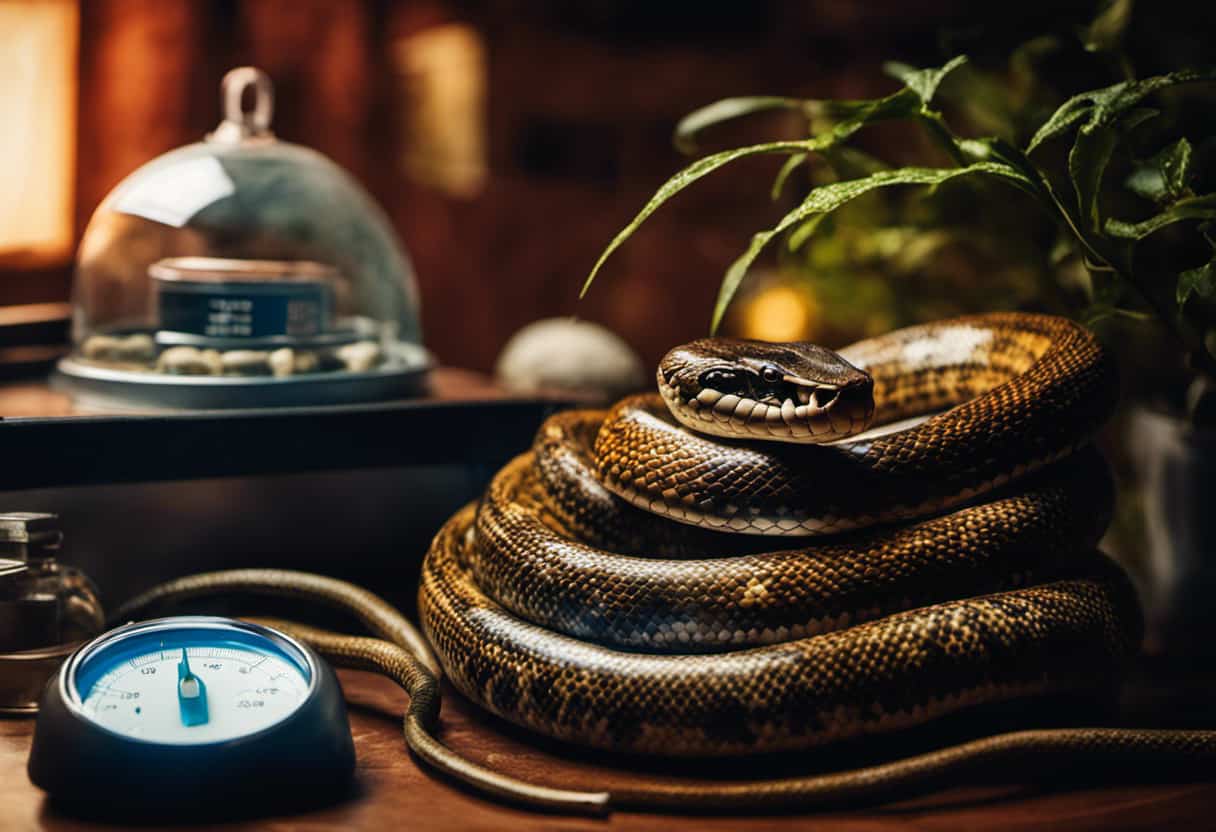 An image showcasing a snake coiled around its clutch of eggs, with a temperature-controlled incubator nearby, displaying a digital thermometer showing optimal temperature and humidity levels for successful incubation
