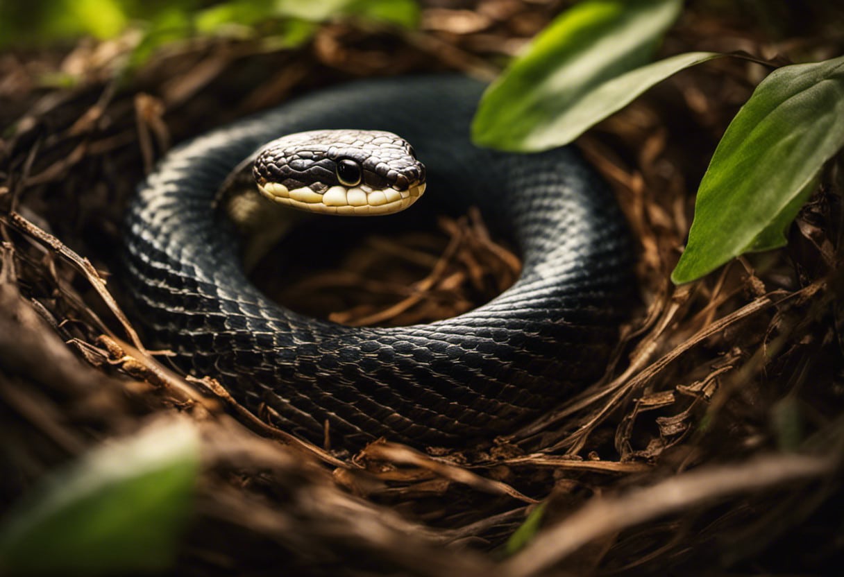 An image showcasing a female snake, coiled protectively around her clutch of eggs, nestled in a warm, leafy nest