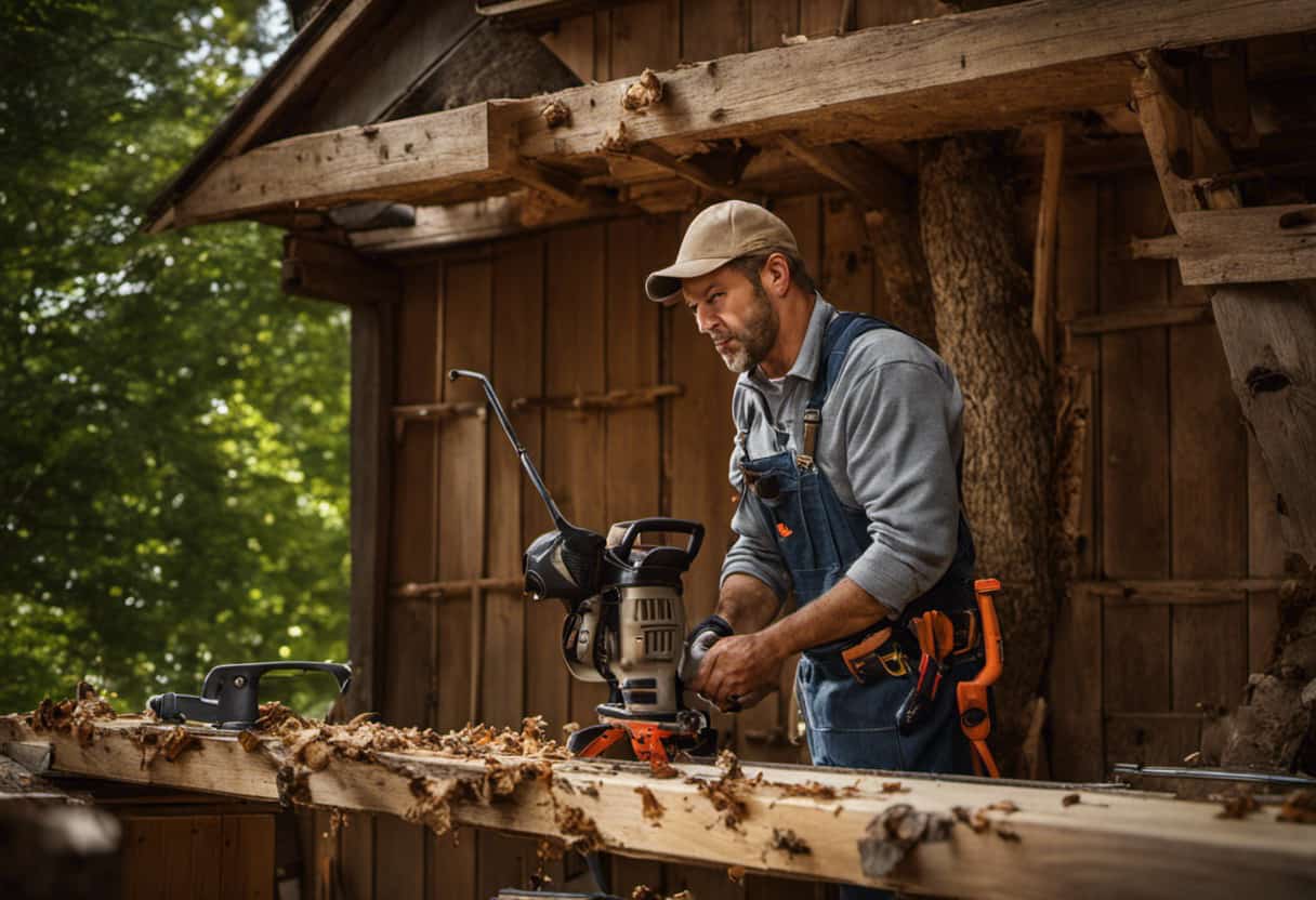 An image showcasing a skilled handyman meticulously repairing a wooden attic beam gnawed by mischievous squirrels, with scattered wood shavings, tools, and a squirrel deterrent spray nearby