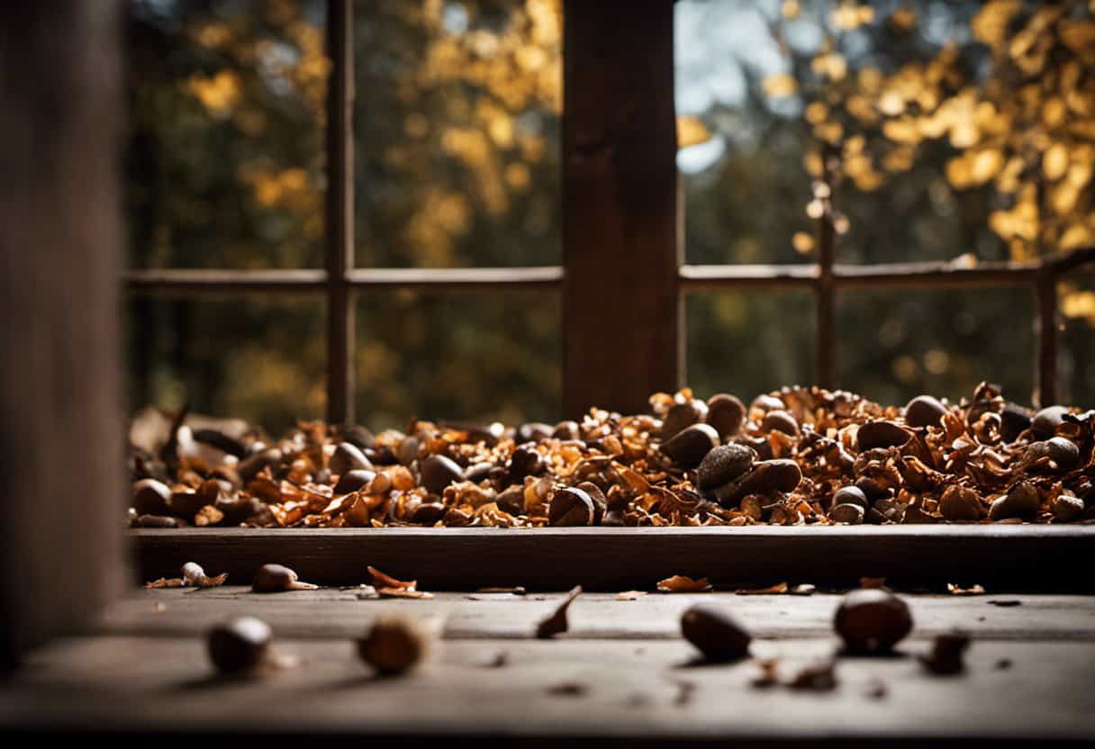 An image illustrating the havoc wreaked by squirrels on homes: a gnawed wooden window frame with scattered wood chips, a torn shingle roof with exposed insulation, and scattered acorns on the ground