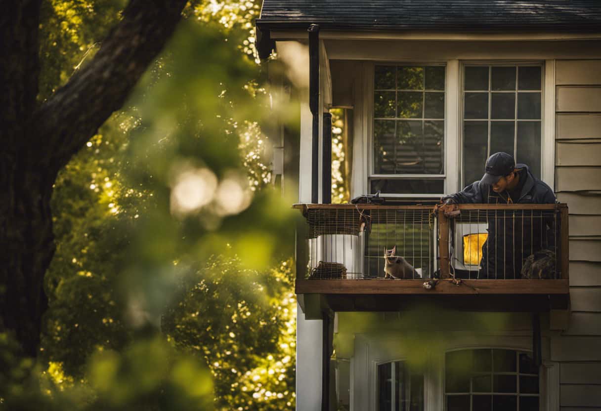 An image depicting a determined homeowner sealing off entry points, installing mesh screens on vents, trimming tree branches away from the house, and setting up humane traps to effectively remove squirrels from their home
