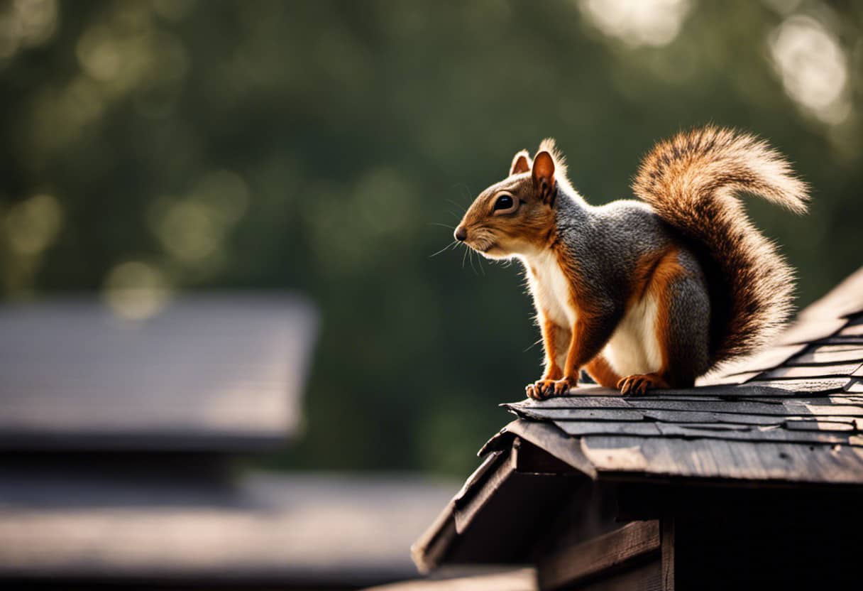 An image depicting a cozy suburban home with a squirrel perched on the roof, gnawing on the wooden shingles