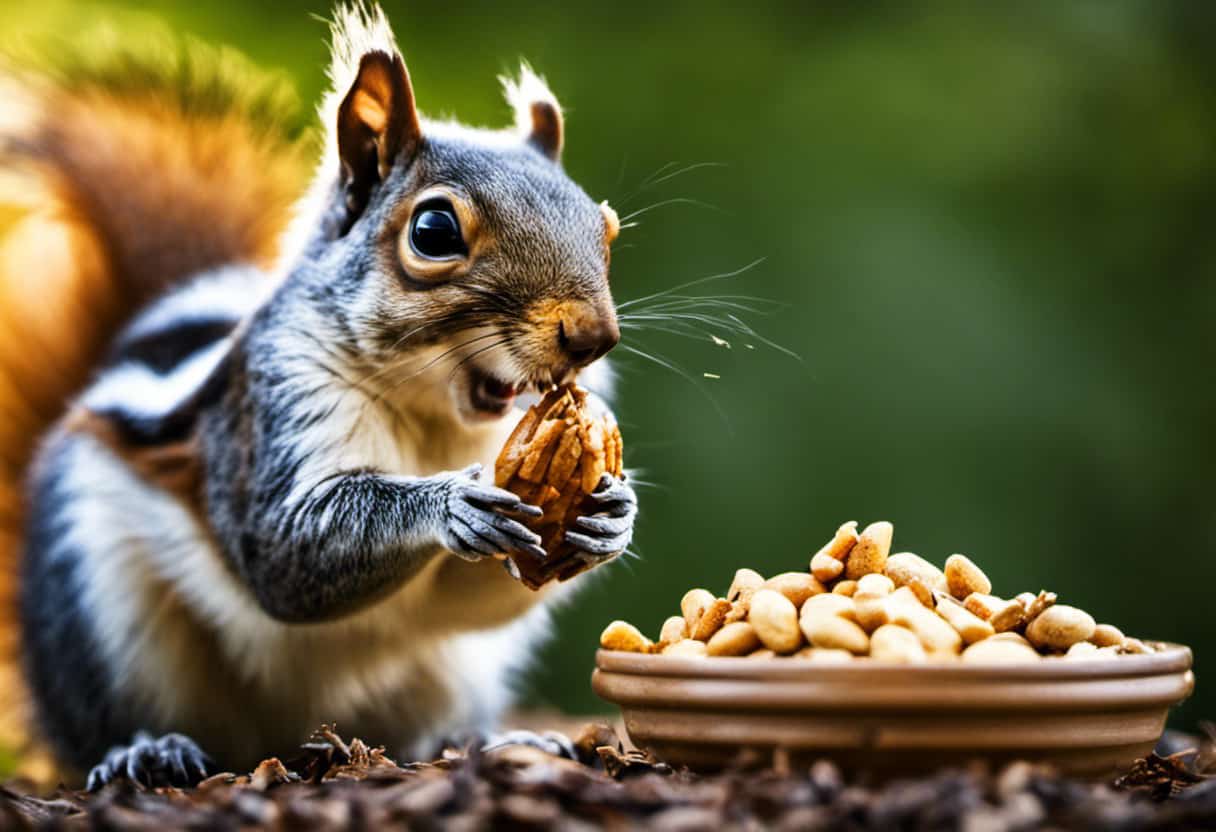 An image capturing a close-up of a plump squirrel joyfully munching on a large, protein-packed, and nutrient-rich adult cicada, showcasing the vital nutritional value these insects hold for our furry friends