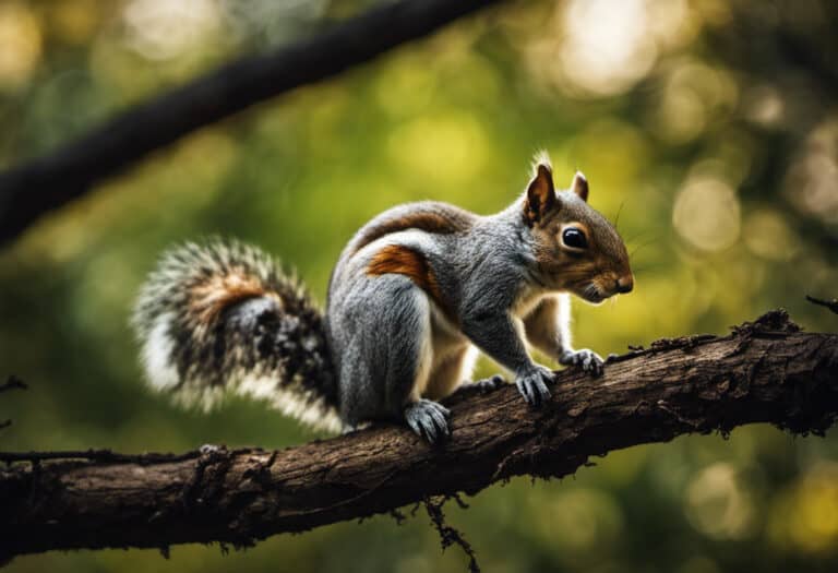 An image depicting a curious squirrel perched on a tree branch, holding a cicada in its tiny paws, while its eyes gleam with anticipation, showcasing the fascinating dynamic between these creatures