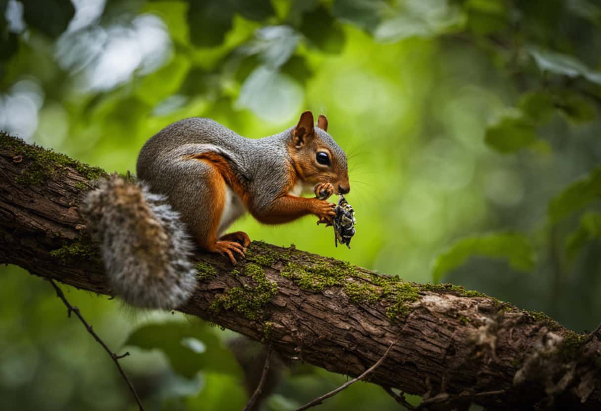 An image capturing a squirrel perched on a tree branch, munching on a freshly caught cicada
