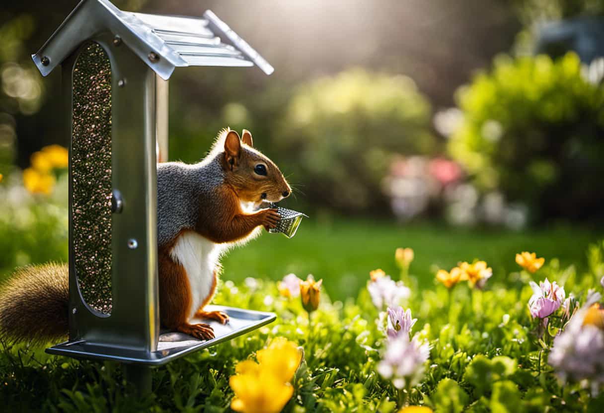 An image showcasing a serene backyard garden with a lush green lawn, blooming flowers, and a squirrel-free bird feeder covered in aluminum foil