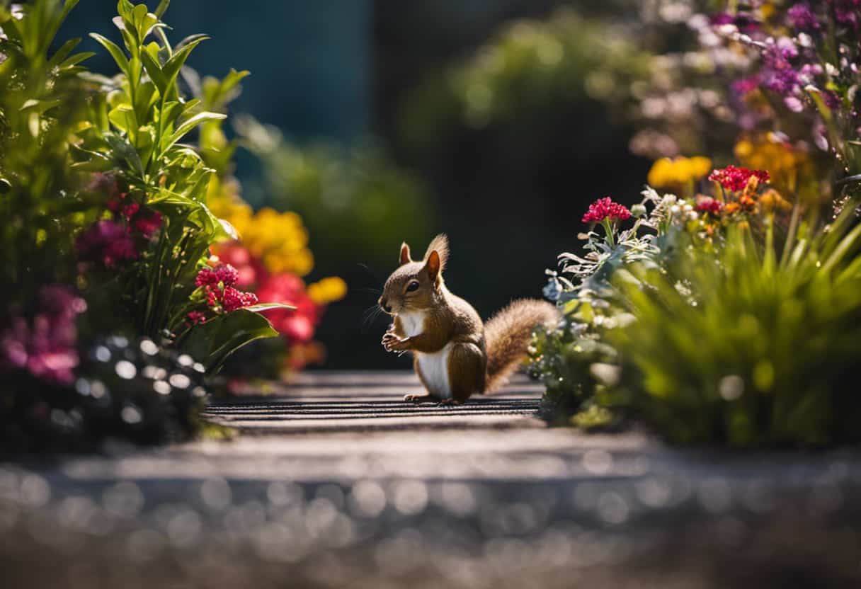 An image showcasing a flourishing garden with vibrant plants surrounded by a perimeter of strategically placed aluminum foil strips, forming a gleaming barrier that deters pesky squirrels