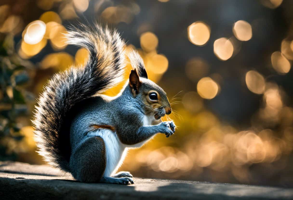An image showcasing a squirrel approaching a garden filled with shiny aluminum foil strips, highlighting the reflection and dazzling effect