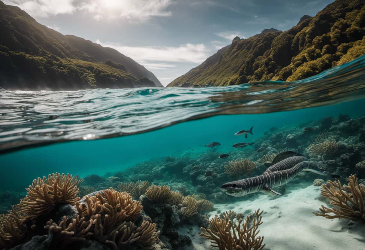 An image depicting the mesmerizing marine landscape of New Zealand's coast, showcasing the vibrant underwater world